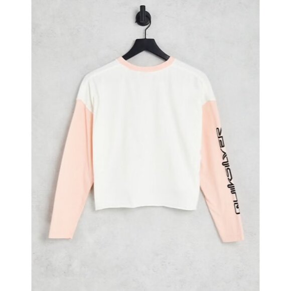 QUIKSILVER Cold Waves Crop Tee Sz  S White Pink Colorblock Logo Organic Cotton - Picture 6 of 16
